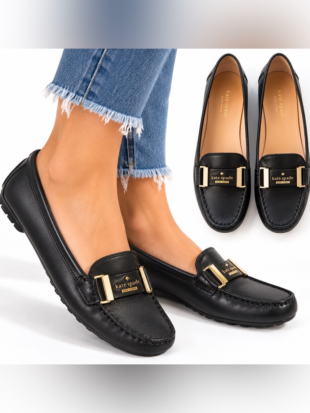 Kate Spade Colette Black Leather Loafers Gold Hardware Driving Shoes 8.5 M